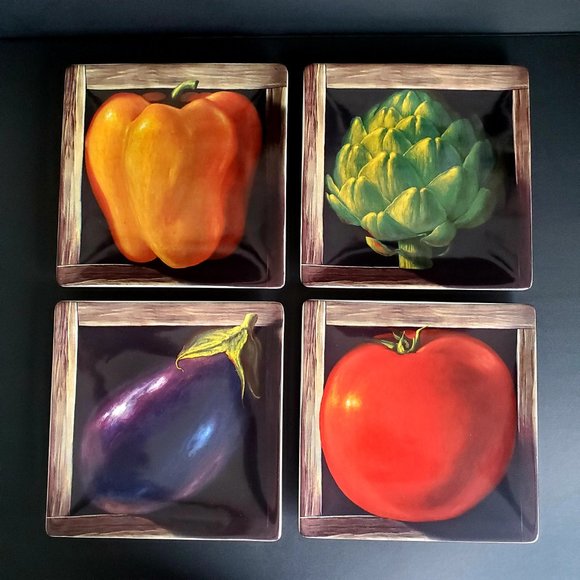 Designer Square Side Plates in Vibrate Veggie Motifs & Faux Wood Border * READ * - Picture 2 of 7